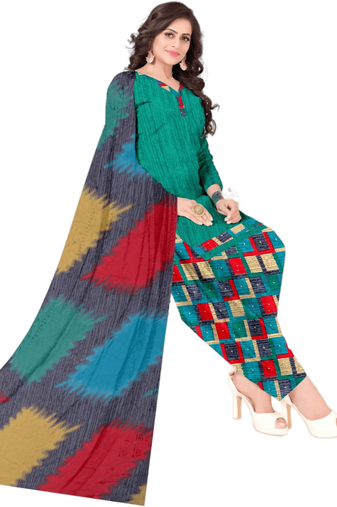 Unstitched printed crepe kurta & patiyala dress material with top, bottom & dupatta