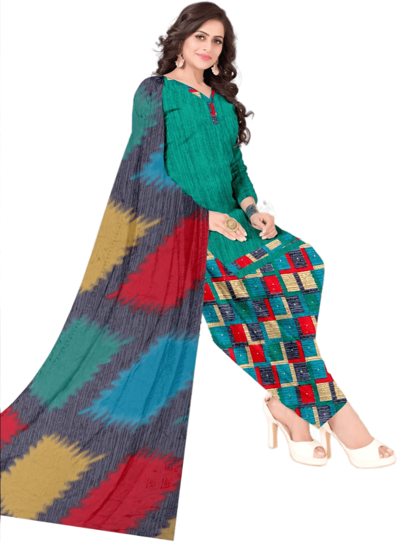 Unstitched printed crepe kurta & patiyala dress material with top, bottom & dupatta