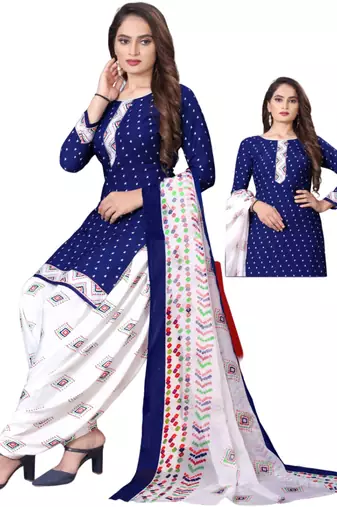 Unstitched printed crepe kurta & patiyala dress material with top, bottom & dupatta