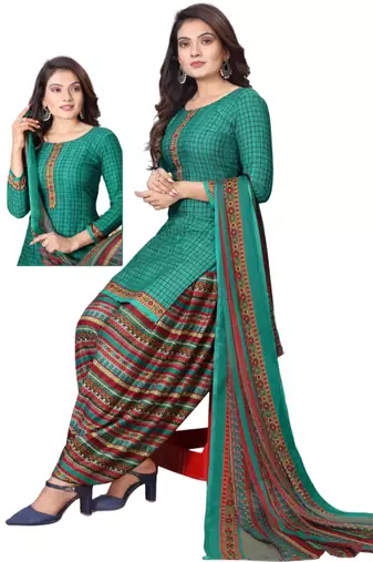 Unstitched printed crepe kurta & patiyala dress material with top, bottom & dupatta