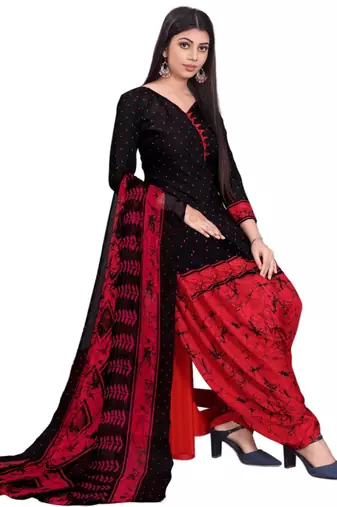 Unstitched printed crepe kurta & patiyala dress material with top, bottom & dupatta