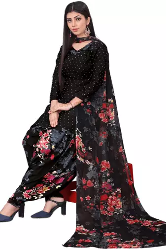 Unstitched printed crepe kurta & patiyala dress material with top, bottom & dupatta