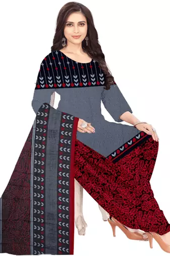 Unstitched printed crepe kurta & patiyala dress material with top, bottom & dupatta