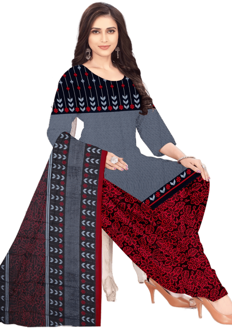 Unstitched printed crepe kurta & patiyala dress material with top, bottom & dupatta