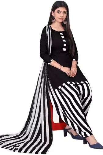 Unstitched printed crepe kurta & patiyala dress material with top, bottom & dupatta