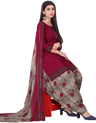 Unstitched printed crepe kurta & patiyala dress material with top, bottom & dupatta 1