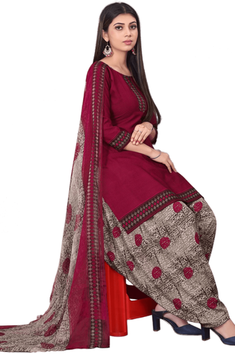 Unstitched printed crepe kurta & patiyala dress material with top, bottom & dupatta