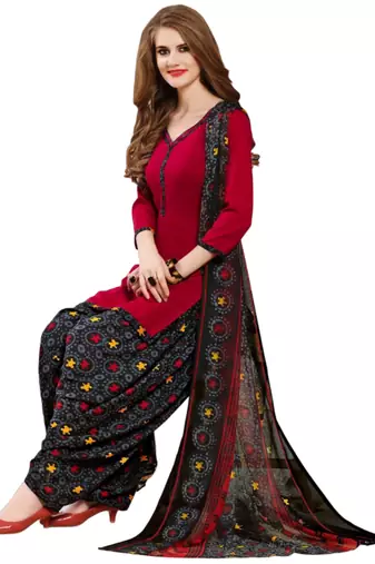 Unstitched printed crepe kurta & patiyala dress material with top, bottom & dupatta