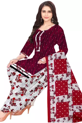 Unstitched printed crepe kurta & patiyala dress material with top, bottom & dupatta