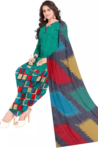 Unstitched printed crepe kurta & patiyala dress material with top, bottom & dupatta