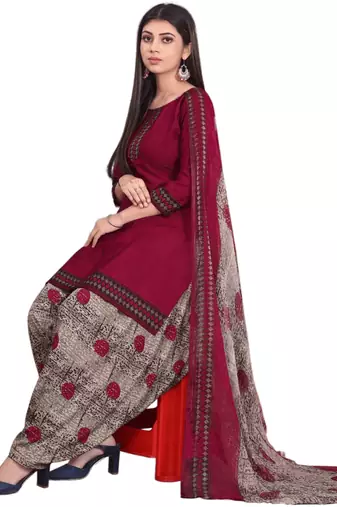 Unstitched printed crepe kurta & patiyala dress material with top, bottom & dupatta