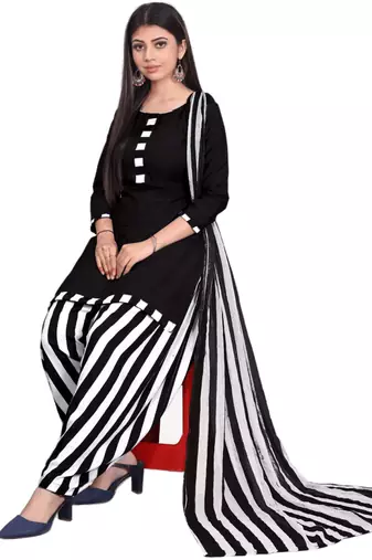 Unstitched printed crepe kurta & patiyala dress material with top, bottom & dupatta
