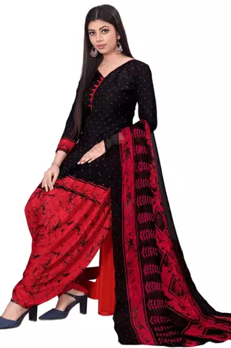 Unstitched printed crepe kurta & patiyala dress material with top, bottom & dupatta