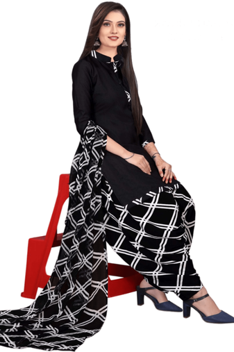 Unstitched printed crepe kurta & patiyala dress material with top, bottom & dupatta