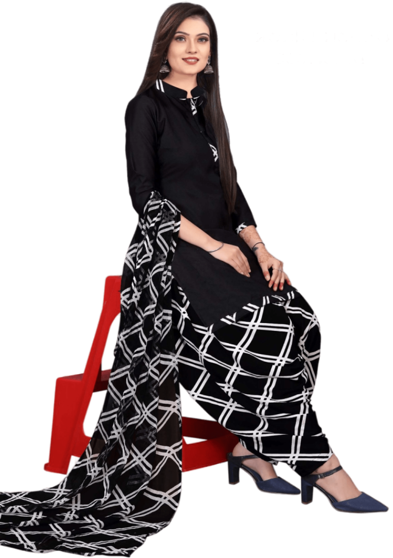Unstitched printed crepe kurta & patiyala dress material with top, bottom & dupatta
