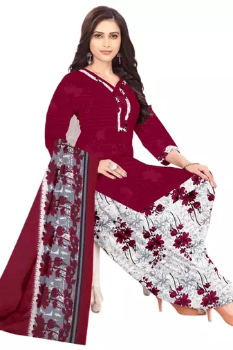 Unstitched printed crepe kurta & patiyala dress material with top, bottom & dupatta