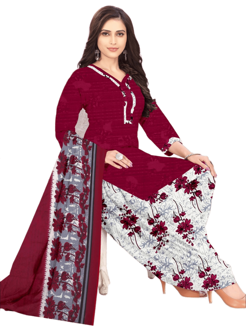Unstitched printed crepe kurta & patiyala dress material with top, bottom & dupatta
