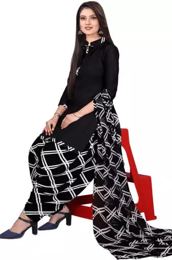 Unstitched printed crepe kurta & patiyala dress material with top, bottom & dupatta