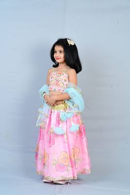 Aglare embroidered Brocade,organza ethnic Lehenga choli for small girls,kids Pink pink 3
