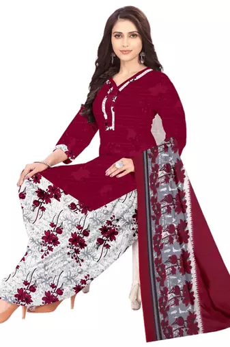 Unstitched printed crepe kurta & patiyala dress material with top, bottom & dupatta