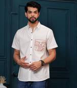 Hatheli's man white beach pattern embroiderd cotton half sleeves shirt