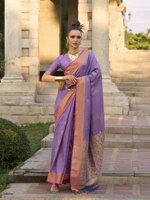 Elora Pure Soft Silk Woven Design Handloom Weaving Saree (Lavender) 1