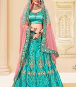 Blue Embrodeired Sattin Silk Lehenga With Blouse 
