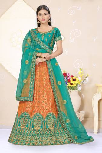 Peach,Rama Heaving Weaving And Embrodiery Banarasi Silk,Sattin Silk Lehenga With Blouse - Skd-Srji7484