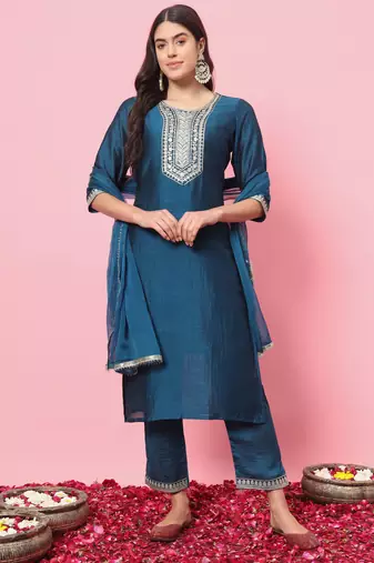  women kurta and trousers pant set silk blend