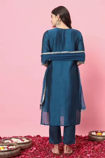  women kurta and trousers pant set silk blend