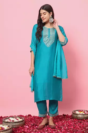  women kurta and trousers pant set silk blend