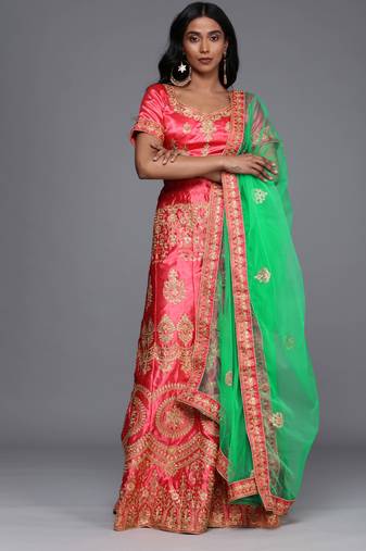 Pink Embrodired Sattin Silk Lehenga With Blouse - Skd-Mera7602
