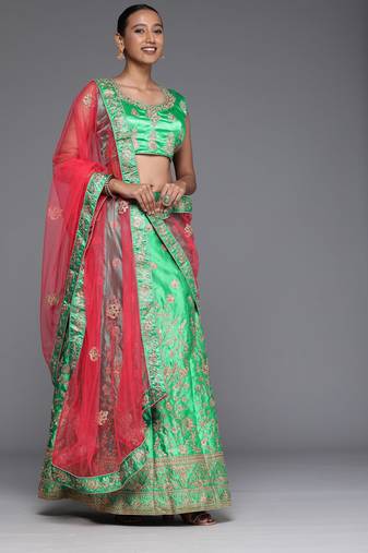 Green Embrodired Sattin Silk Lehenga With Blouse - Skd-Emly7612