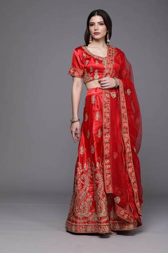 Red Embrodired Sattin Silk Lehenga With Blouse - Skd-Lly7625