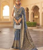 Blue Colour Designer Silk Blend Saree With Printing And Weaving