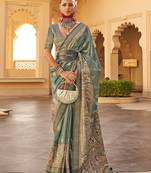 Sage Green Colour Designer Silk Blend Saree With Printing And Weaving