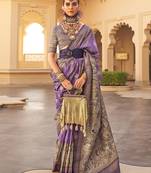 Purple Colour Designer Silk Blend Saree With Printing And Weaving