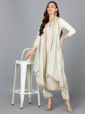 green color woven design silk blend styles kurta trouser with dupatta 7