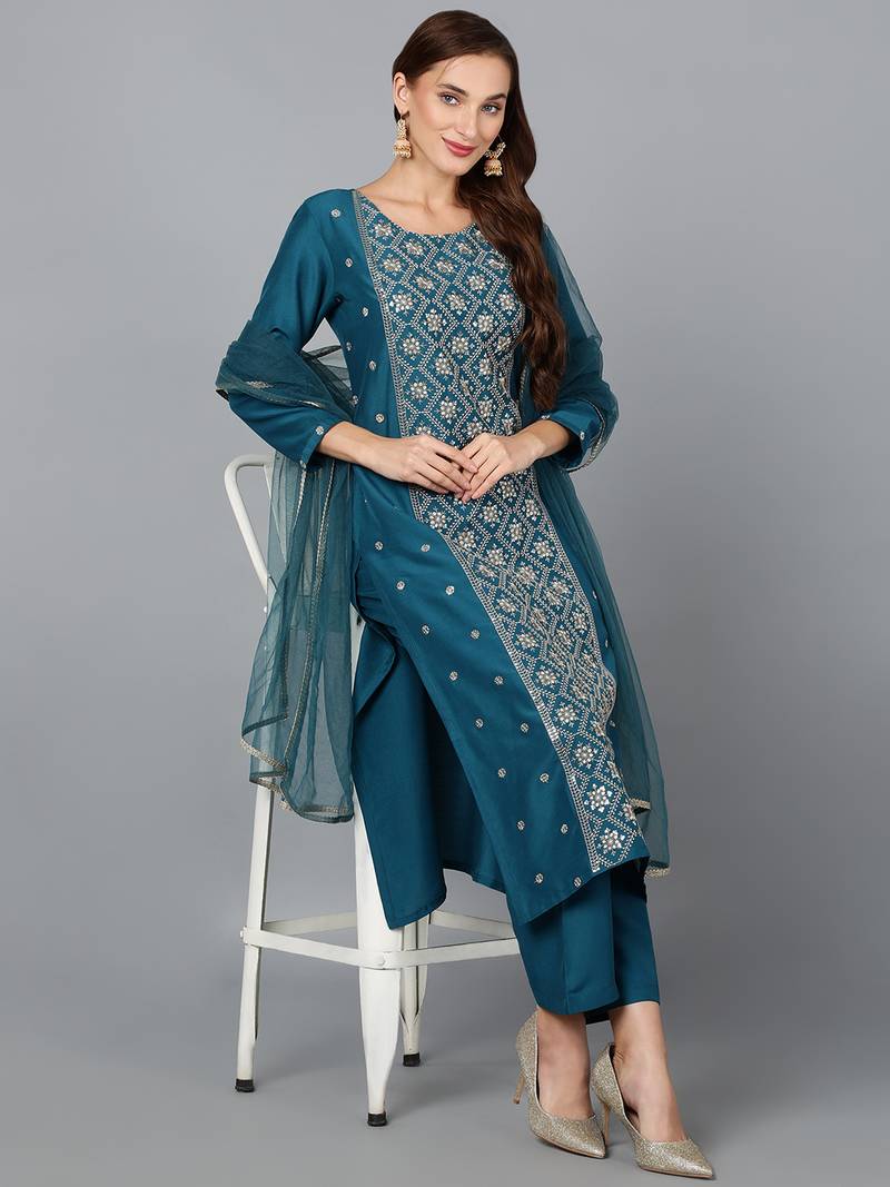 teal color embroidered silk blend styles kurta trouser with dupatta
