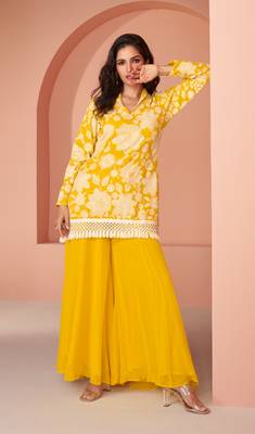 Stylish yellow cotton silk embellished kurta with palazzo comes with 3 sizes l,xl,xxl 1