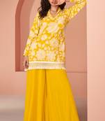 Stylish yellow cotton silk embellished kurta with palazzo comes with 3 sizes l,xl,xxl