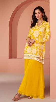 Stylish yellow cotton silk embellished kurta with palazzo comes with 3 sizes l,xl,xxl 2