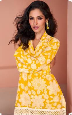 Stylish yellow cotton silk embellished kurta with palazzo comes with 3 sizes l,xl,xxl 3