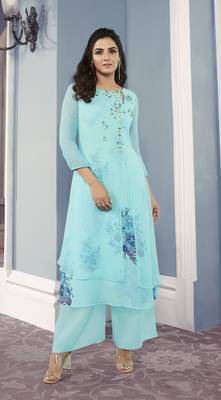 Xclusive Sky Blue Georgette Floral Printed Double Layered Sarwoski Work Kurta With Palazzo Sets 1