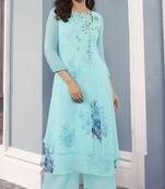Xclusive Sky Blue Georgette Floral Printed Double Layered Sarwoski Work Kurta With Palazzo Sets
