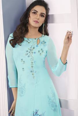 Xclusive Sky Blue Georgette Floral Printed Double Layered Sarwoski Work Kurta With Palazzo Sets 2