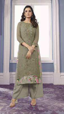 Trendy Grey Georgette Floral Printed Double Layered Sarwoski Work Kurta With Palazzo Sets 1