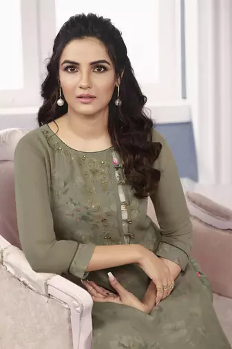 Trendy Grey Georgette Floral Printed Double Layered Sarwoski Work Kurta With Palazzo Sets