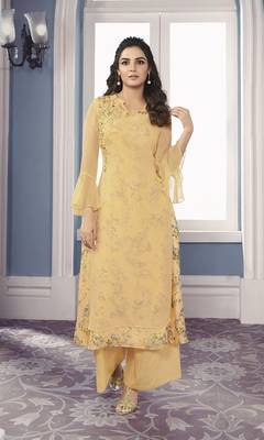 Fashionable yellow georgette floral printed double layered sarwoski work kurta with palazzo sets 1