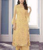 Fashionable yellow georgette floral printed double layered sarwoski work kurta with palazzo sets